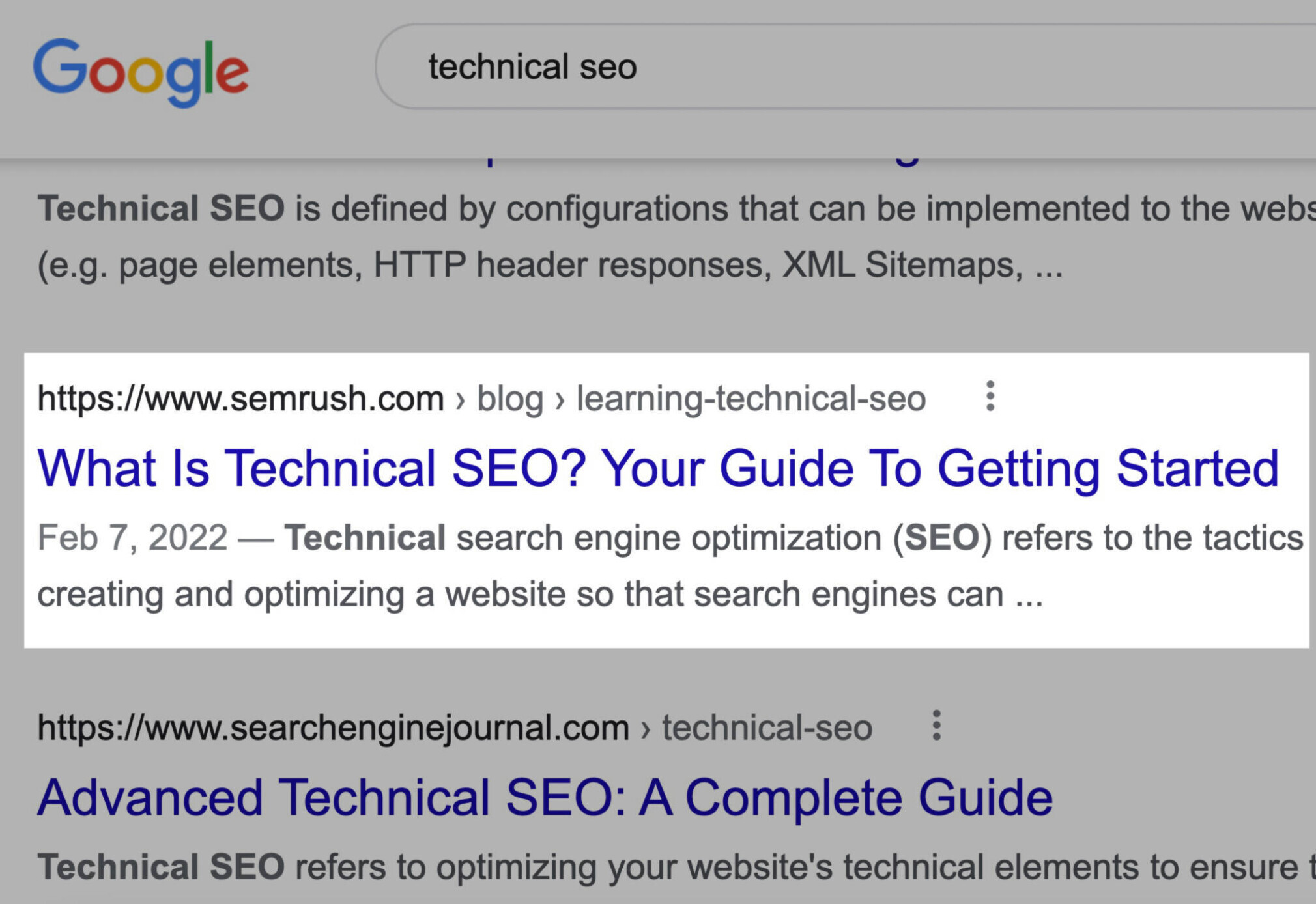 article Semrush classé en cinquième position sur Google