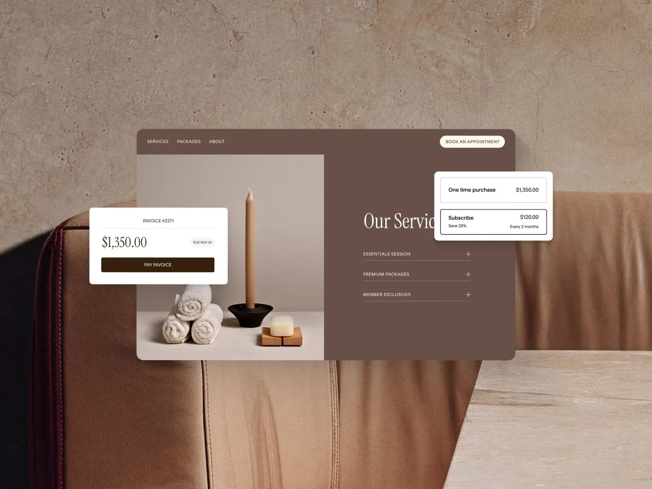 A website mockup for a service-based business with additional UI to purchase one time or subscribe, and a custom branded invoice matching the look and feel of the website.