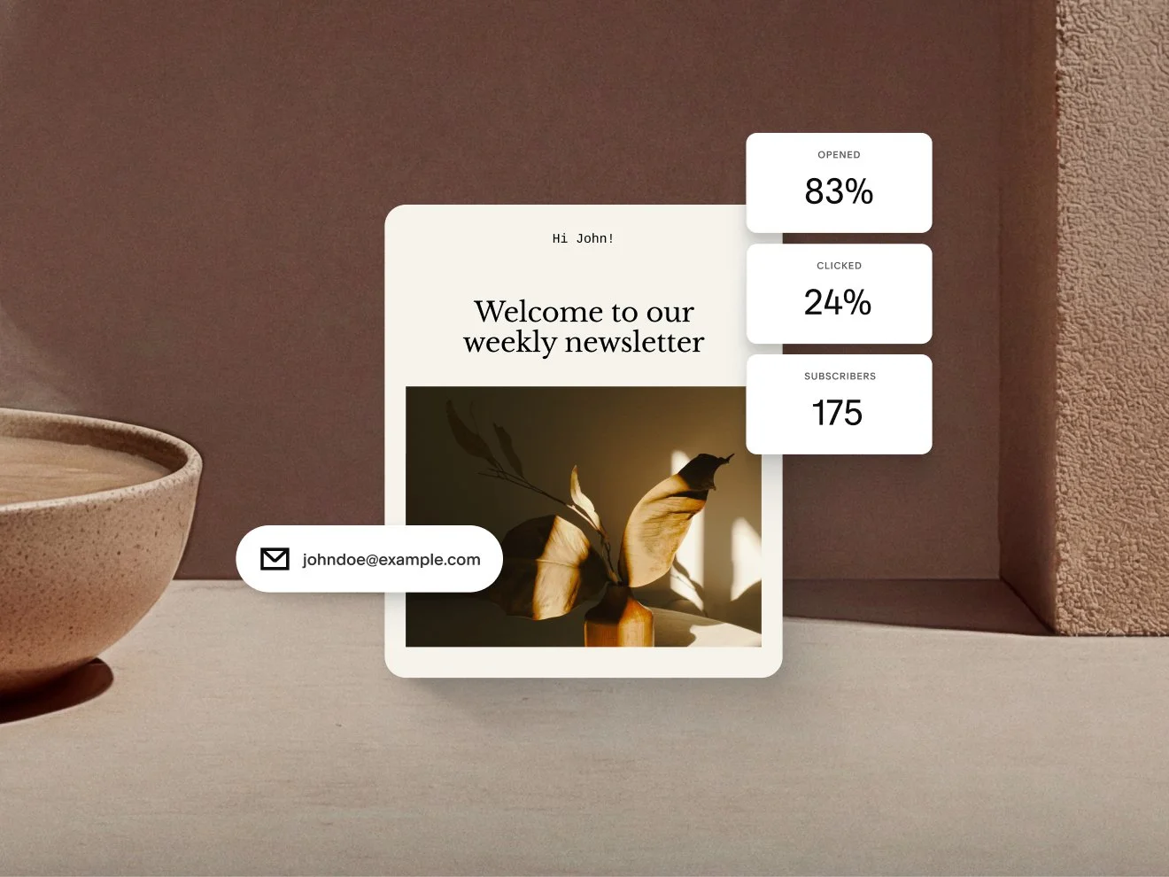 A design for an email newsletter showing statistics for an email campaign, including 83% opened, 24% clicked, and 175 subscribers.