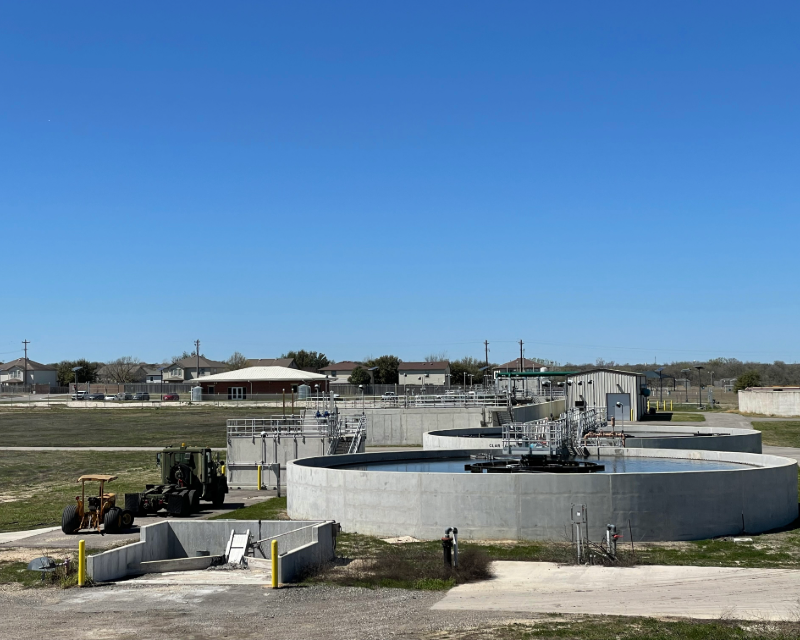 Exterior view of tanks at Kyle wastewater treatment plant in Texas.