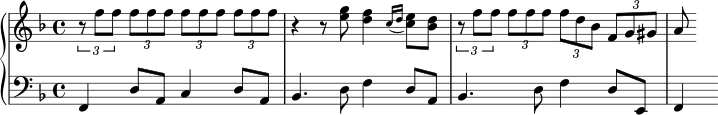 {
\new PianoStaff <<
\new Staff <<
\relative c'' {
\clef treble \key f \major \time 4/4
\tuplet 3/2 { r8 f f } \tuplet 3/2 { f f f } \tuplet 3/2 { f f f } \tuplet 3/2 { f f f }
r4 r8 <e g> <d f>4 \acciaccatura { c16 d } <c e>8 <bes d>
\tuplet 3/2 { r8 f' f } \tuplet 3/2 { f f f } \tuplet 3/2 { f d bes } \tuplet 3/2 { f g gis }
a
}
>>
\new Staff <<
\relative c, {
\clef bass \key f \major \time 4/4
f4 d'8 a c4 d8 a
bes4. d8 f4 d8 a
bes4. d8 f4 d8 e,
f4
}
>>
>> }