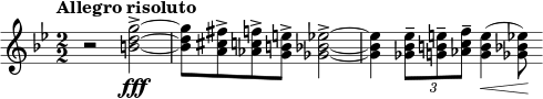 \relative c''' { \clef treble \key g \minor \tempo "Allegro risoluto" \numericTimeSignature \time 2/2 r2 <g d b>2~->\fff | <g d b>8 <fis cis a>-> <f c aes>-> <e b g>-> <ees bes ges>2->~ | <ees bes ges>4 \times 2/3 { <ees bes ges>8-- <e b g>-- <f c aes>-- } <e b g>4(\< <ees bes ges>8)\! }