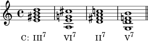 {
\relative c' {
\clef treble
\time 4/4
\key c \major
<e gis b d>1_\markup { \concat { \translate #'(-3.5 . 0) { "C: III" \raise #1 \small "7" \hspace #5 "VI" \raise #1 \small "7" \hspace #5.5 "II" \raise #1 \small "7" \hspace #5.5 "V" \raise #1 \small "7" } } }
<a, e' g! cis> <d fis a c!> < g, d' f! b> \bar "||"
} }