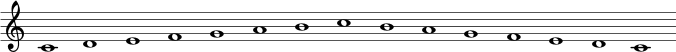 \relative c' {
c1 d1 e1 f1 g1 a1 b1 c1 b1 a1 g1 f1 e1 d1 c1
}
\layout {
\context {
\Staff
\remove Time_signature_engraver
\remove Bar_engraver
}
}
\midi {
\tempo 1 = 120
}