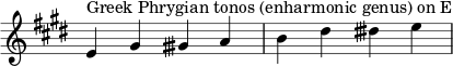 {
\key e \major
\override Score.TimeSignature #'stencil = ##f
\relative c' {
\clef treble \time 4/4
e4^\markup { Greek Phrygian tonos (enharmonic genus) on E } gis gisih a b dis disih e
} }