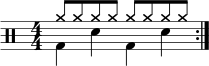 \new Staff <<
\new voice \relative c' {
\clef percussion
\numericTimeSignature
\time 4/4
\set Score.tempoHideNote = ##t \tempo 4 = 100
\stemDown \repeat volta 2 { g4 d' g, d' }
}
\new voice \relative c'' {
\override NoteHead.style = #'cross
\stemUp \repeat volta 2 { a8 a a a a a a a }
}
>>