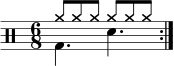 \new Staff <<
\new voice \relative c' {
\clef percussion
\numericTimeSignature
\time 6/8
\set Score.tempoHideNote = ##t \tempo 4. = 80
\stemDown \repeat volta 2 { g4. d' }
}
\new voice \relative c'' {
\override NoteHead.style = #'cross
\stemUp \repeat volta 2 { a8 a a a a a }
}
>>