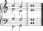 \new PianoStaff <<
{ \omit Score.TimeSignature }
\new Staff \fixed c' { << { c'2 b c'1 } \\ { f2 d e1 } >> \bar "|." }
\new Staff { \clef bass << { a2 g g1 } \\ { f,2 g, c1 } >> }
>>