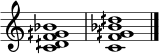 \relative c' {
\omit Staff.TimeSignature
\set Score.tempoHideNote = ##t
<c dih f gih bes>1 \bar "|" <c f gih bes dih>1 \bar "|."
}