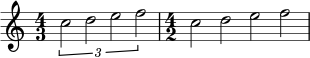 {
\time 4/3
\times 2/3 {c''2 d'' e'' f''}
\time 4/2
c'' d'' e'' f''
}