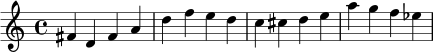 \relative c' { fis d fis a d f e d c cis d e a g f ees }