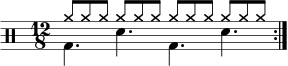 \new Staff <<
\new voice \relative c' {
\clef percussion
\numericTimeSignature
\time 12/8
\set Score.tempoHideNote = ##t \tempo 4. = 80
\stemDown \repeat volta 2 { g4. d' g, d' }
}
\new voice \relative c'' {
\override NoteHead.style = #'cross
\stemUp \repeat volta 2 { a8 a a a a a a a a a a a }
}
>>