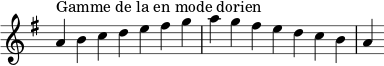 {
\override Score.TimeSignature #'stencil = ##f
\relative c'' {
\key a \dorian
\clef treble \time 7/4
a4^\markup { Gamme de la en mode dorien } b c d e fis g a g fis e d c b a
} }
