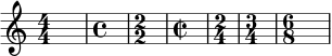 {
\override Score.SpacingSpanner.strict-note-spacing = ##t
\set Score.proportionalNotationDuration = #(ly:make-moment 1/1)
\key c \major
\relative c' {
\numericTimeSignature \time 4/4 s1
\defaultTimeSignature \time 4/4 s1
\numericTimeSignature \time 2/2 s1
\defaultTimeSignature \time 2/2 s1
\time 2/4 s2
\time 3/4 s2.
\time 6/8 s2.
} }