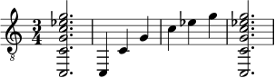 {
\clef "treble_8"
\time 3/4
<c, c g c' ees' g'>2.
<c, >4
<c >4
<g >4
<c' >4
<ees' >4
<g' >4
<c, c g c' ees' g'>2.
}