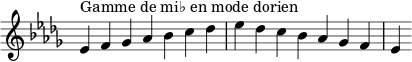 {
\override Score.TimeSignature #'stencil = ##f
\relative c' {
\key es \dorian
\clef treble \time 7/4
es4^\markup { Gamme de mi♭ en mode dorien } f ges aes bes c des es des c bes aes ges f es
} }