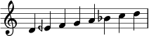 \relative c' {
\time 8/4 \omit Staff.TimeSignature
d4 eeh f g a bes c d \bar "|"
}
