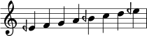\relative c' {
\time 8/4 \omit Staff.TimeSignature
eeh f g a beh c d eeh \bar "|"
}