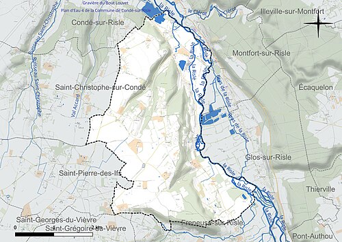 Carte en couleur présentant le réseau hydrographique de la commune