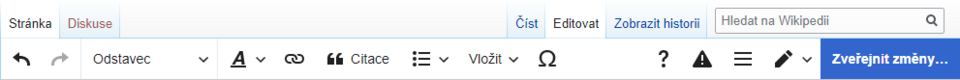 Snímek obrazovky s panelem nástrojů vizuálního editoru