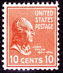 Historical ten-cent stamp with Tyler's profile.