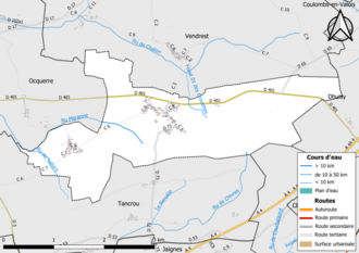Carte en couleur présentant le réseau hydrographique de la commune