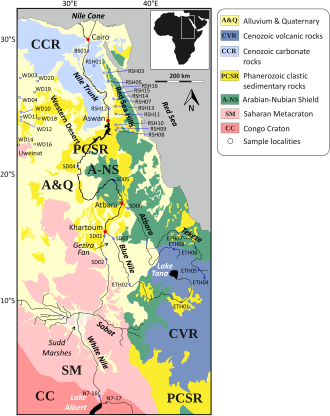 A map of northeast Africa, where various areas are shaded different colors indicating the geological ages of rocks found in each region.