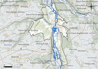Carte en couleur présentant le réseau hydrographique de la commune