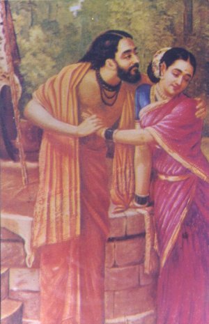 Arjuna sarta Subadra (katuhu).
(Lukisan India karya Raja Ravi Varma)