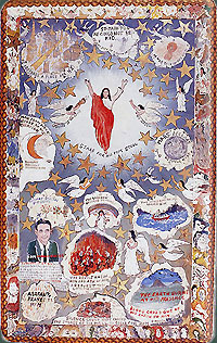 Painting by Howard Finster of Jesus and angels with Biblical texts