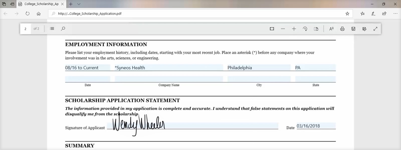 Screen image showing a hand written signature on a job application inside the Edge browser