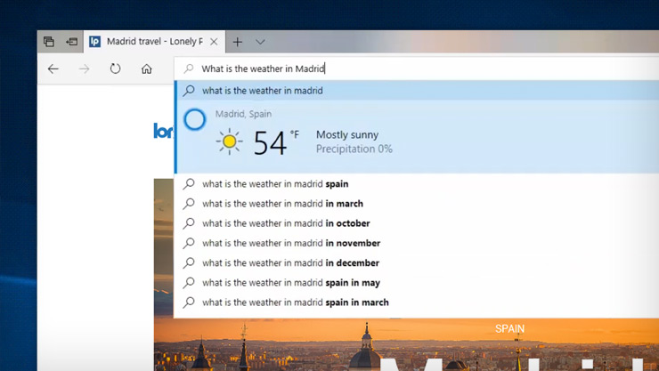 Screen image of Cortana serving up the weather in Madrid from within the Edge browser