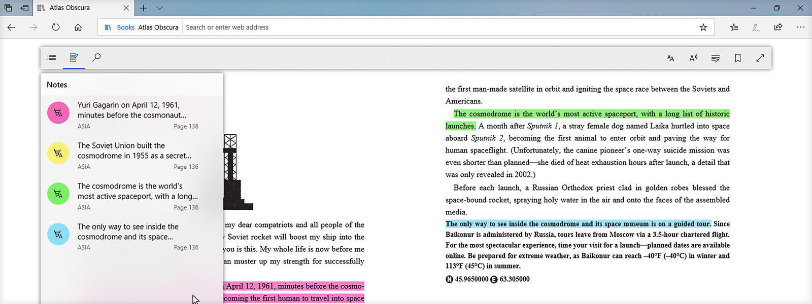 Image showing the highlighting of text while reading books inside Microsoft Edge