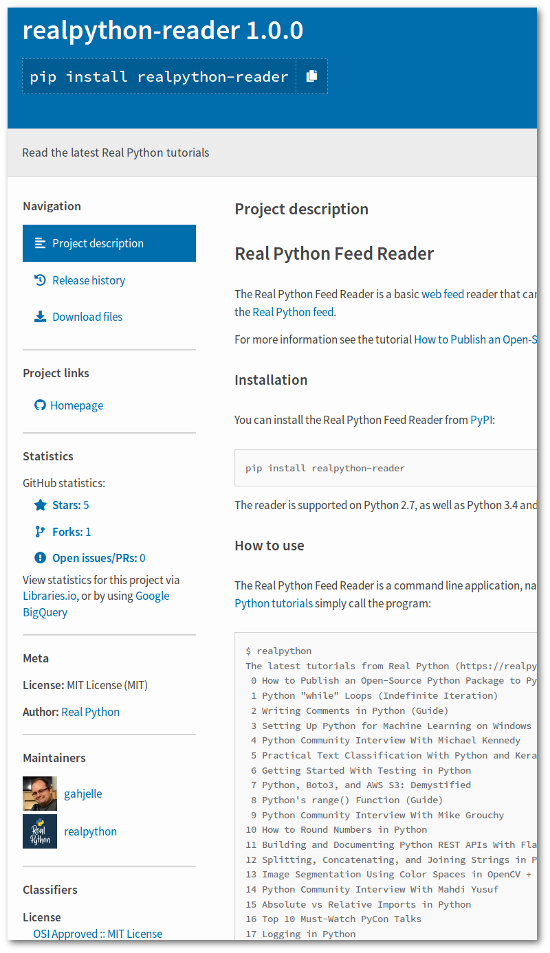 Information about the <code>realpython-reader</code> package at PyPI