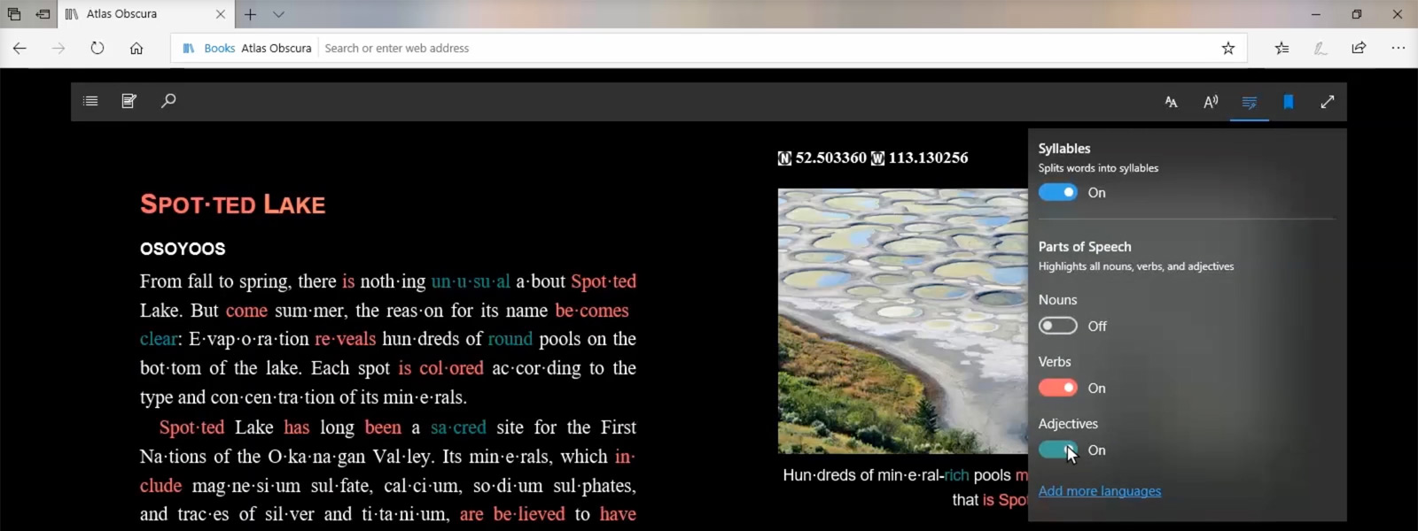 Screen image of Learning Tools functionality highlighting the nouns, verbs, and adjectives on a given web page