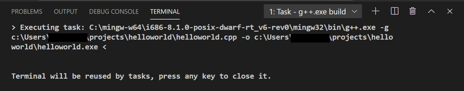 G++ build output in terminal