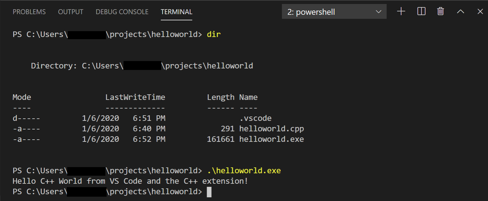 Hello World in PowerShell terminal