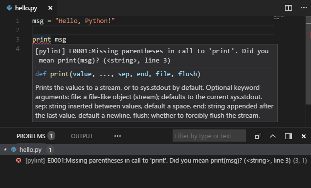 Linting messages in the editor and the Problems panel