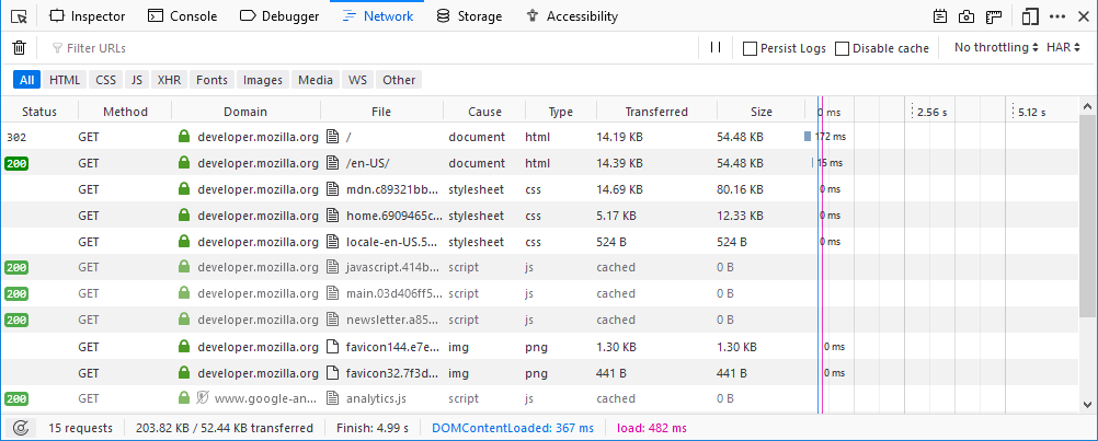 The Network panel in Firefox 57 DevTools.