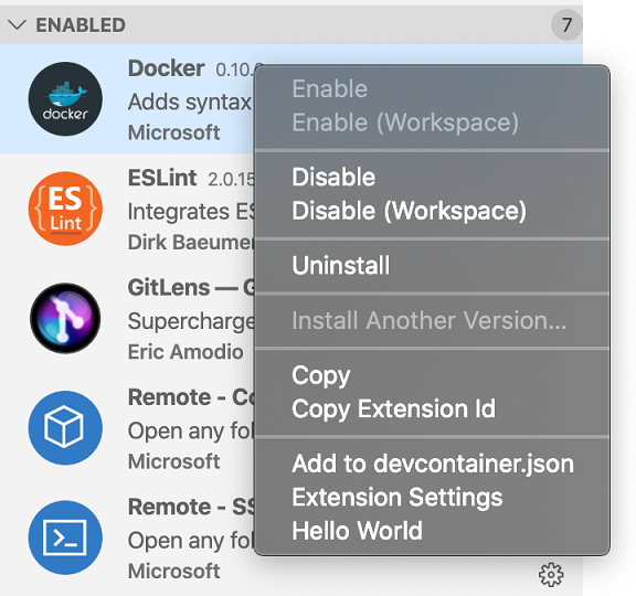 Extensions view context menu