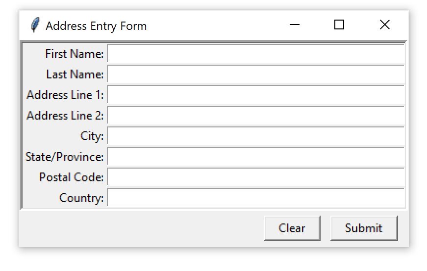 An address entry form window built with Tkinter