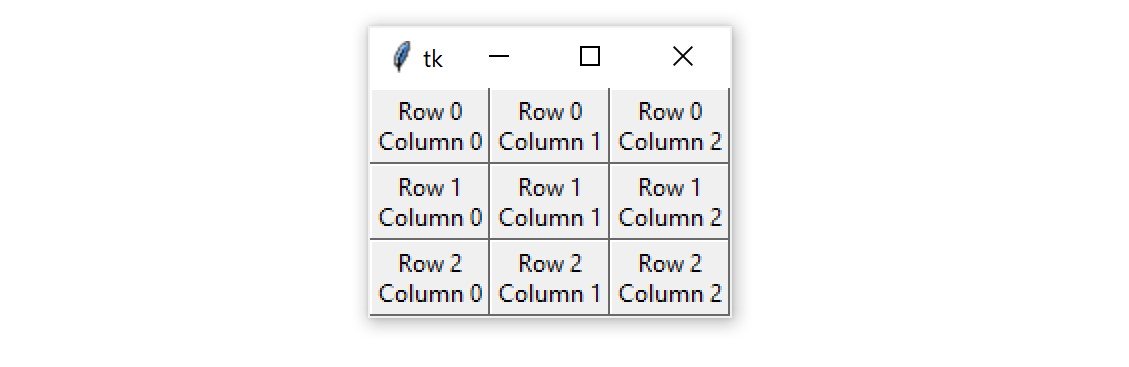 A Tkinter window containing a 3 x 3 grid of Frame widgets with Label widgets packed into them
