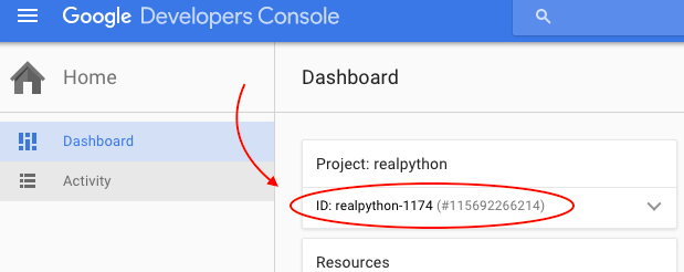 Google Developers Console dashboard