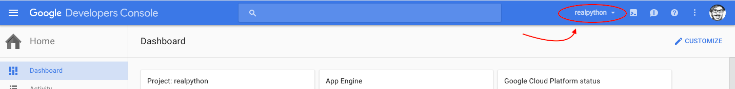 Google Dev Console: select project