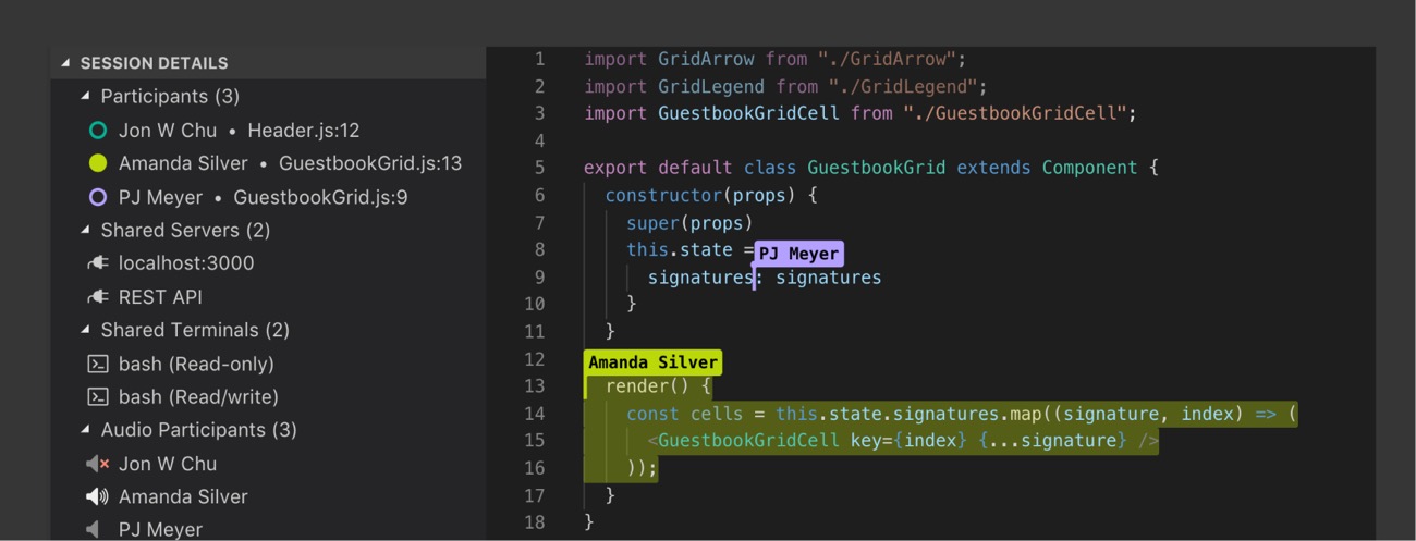 liveshare-hero-optimized Screenshot of Visual Studio Live Share, showing participants in a collaboration session