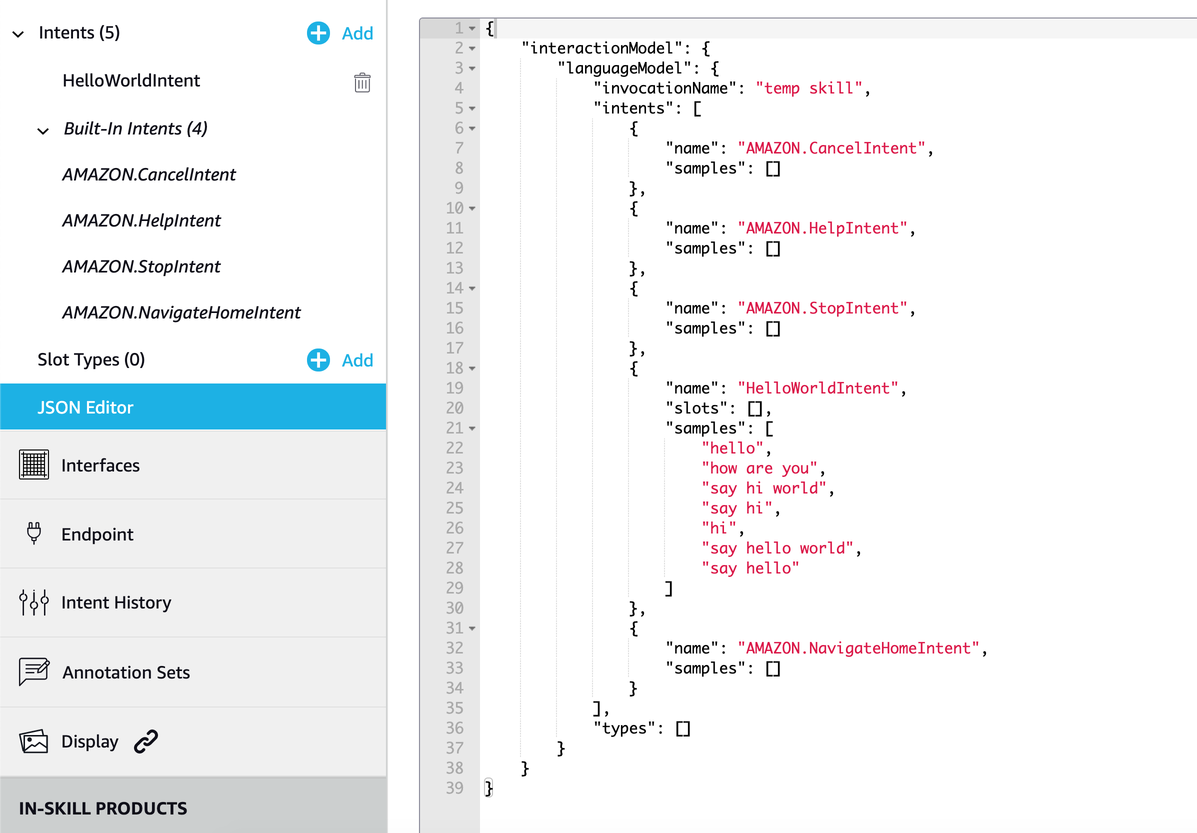 Alexa Developer Console JSON Editor