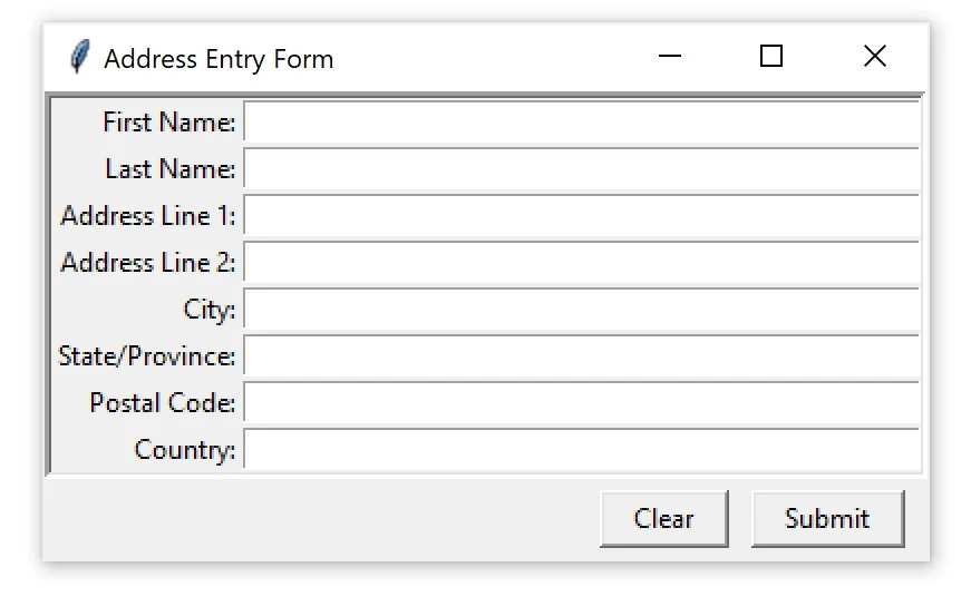 An address entry form window built with Tkinter