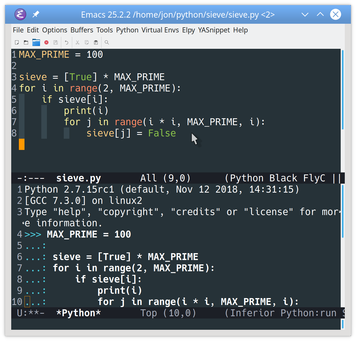 Executing Python code in Emacs