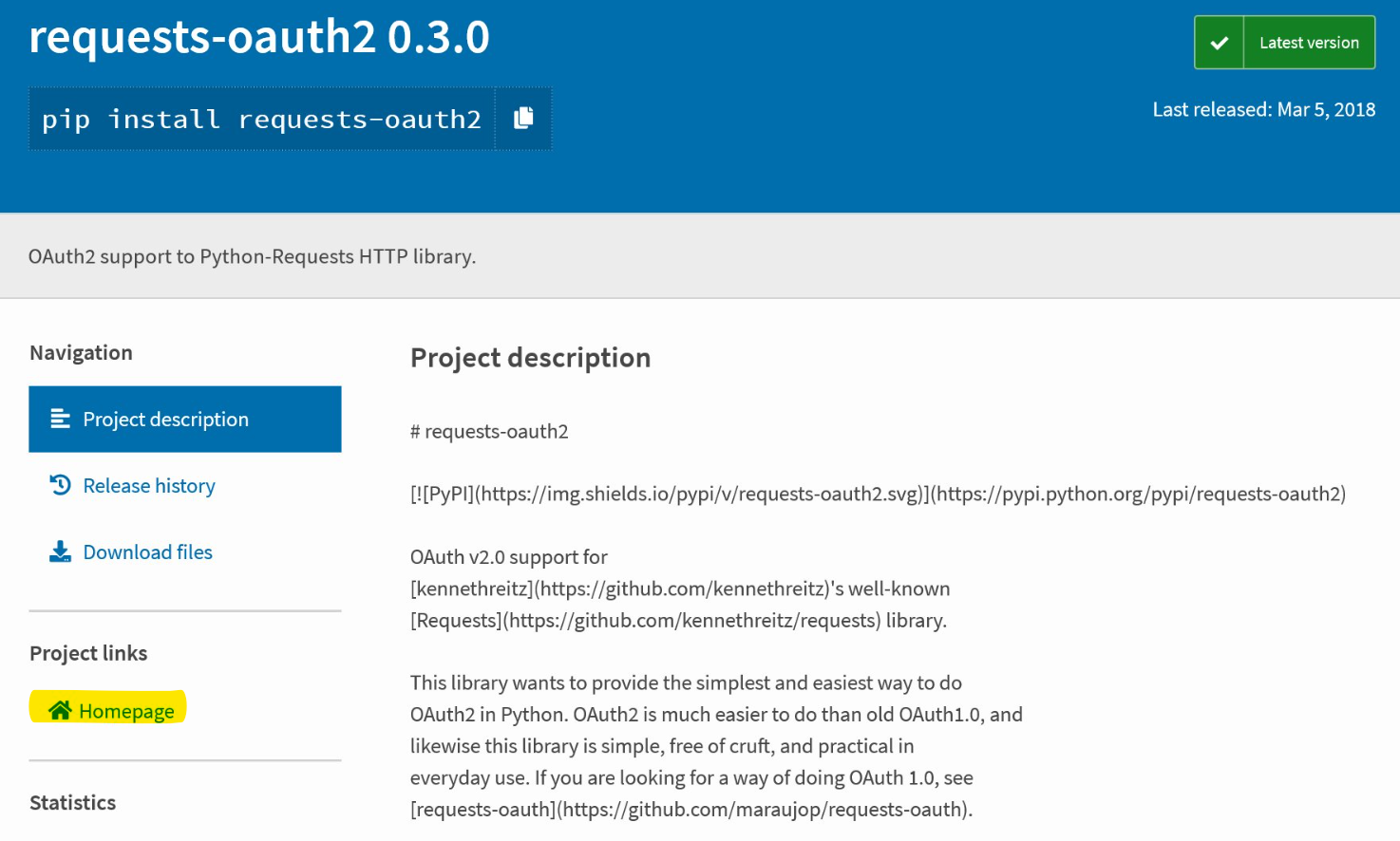 PyPi Package Page for Requests OAuth 2