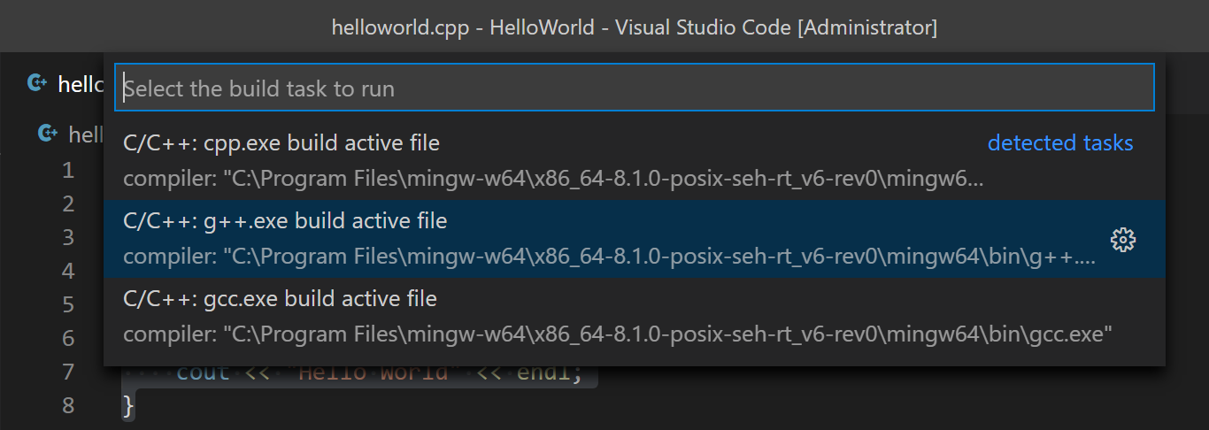 Select g++.exe task